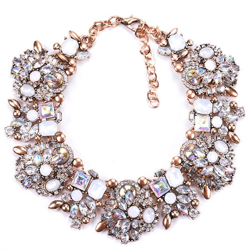 Zthread Bib Statement Necklace Rhinstone Beads Collar Necklace Colorful Crystal Choker Collar Necklace Women Fashion Jewelry Necklace (White) - Image 1